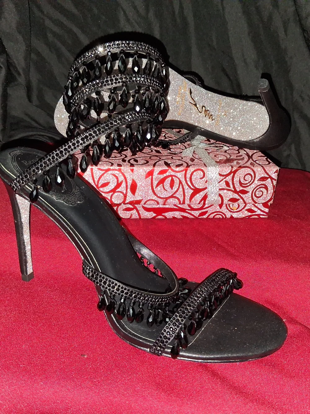 Rene Caovilla Black Jeweled Strappy Stiletto Sandals